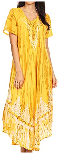 Sakkas 17260 - Devora Frauen Maxi Nightgown Kaftan Kaftan Kleid Tie Dye Batik & Korsett - Gelb-braun - OS von Sakkas