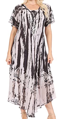 Sakkas 17260 - Devora Frauen Maxi Nightgown Kaftan Kaftan Kleid Tie Dye Batik & Korsett - Olive-Creme - OS von Sakkas