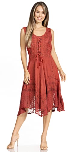 Sakkas 17321 - Magdilena Stonewashed Kleid mit Korsett-Stickerei vorne - Rot - S/M von Sakkas