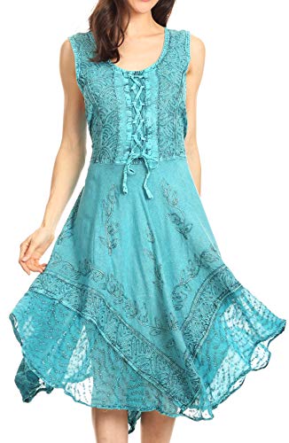 Sakkas 17321 - Magdilena Stonewashed Korsett Front Besticktes Kleid - Türkis - L/XL von Sakkas