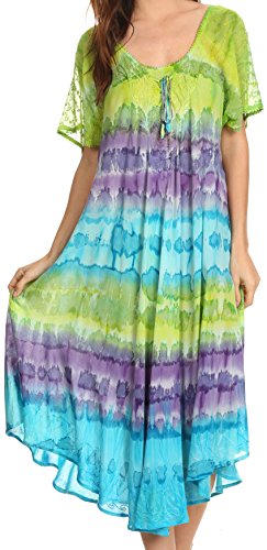 Sakkas 17506 - Sula Lange geschnürtes Viskose Tie-Dye-Weithals Bestickt Boho Sundress Cover Up - Grün/Lila - OS von Sakkas