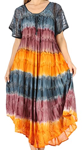 Sakkas 17506 - Sula Lange geschnürtes Viskose Tie-Dye-Weithals Bestickt Boho Sundress Cover Up - Navy/Brown - OS von Sakkas