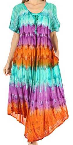 Sakkas 17506 - Sula Lange geschnürtes Viskose Tie-Dye-Weithals Bestickt Boho Sundress Cover Up - Seagreen/Brown - OS von Sakkas
