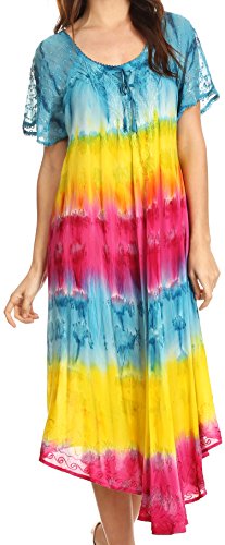 Sakkas 17506 - Sula Lange geschnürtes Viskose Tie-Dye-Weithals Bestickt Boho Sundress Cover Up - Turq/Gelb - OS von Sakkas