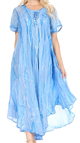 Sakkas 17604 - Myani Two Tone Gestickte Sheer mit Flügelärmeln Kaftan langes Kleid | Cover Up - Blau - OS von Sakkas