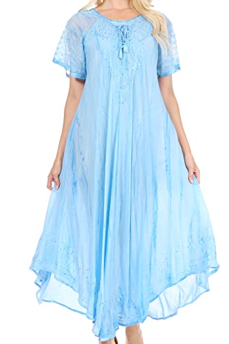 Sakkas 17604 - Myani Two Tone Gestickte Sheer mit Flügelärmeln Kaftan langes Kleid | Cover Up - Turq - OS von Sakkas