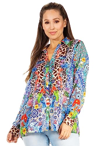 Sakkas 1790 - Iriss Damen-Langarm-Button-Down-Bluse, Top, Hemd, Blumenmuster, Boho, lässig – 571-Turq – L/XL von Sakkas