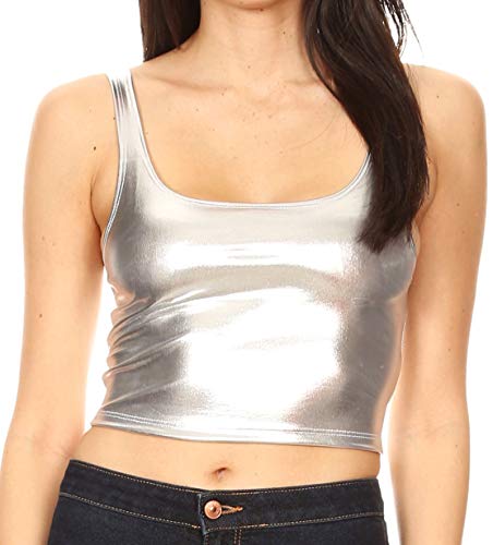 Sakkas 18-1507 - Frauen Stretchy Sleeveless Liquid Metallic Club Crop Tank Top Made in USA - Silber - L von Sakkas