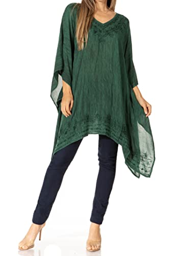 Sakkas 1801 - Regina Leichte Stonewashed Poncho Top Bluse Kaftan Cover Up für Damen - A-ForestGreen - OS von Sakkas