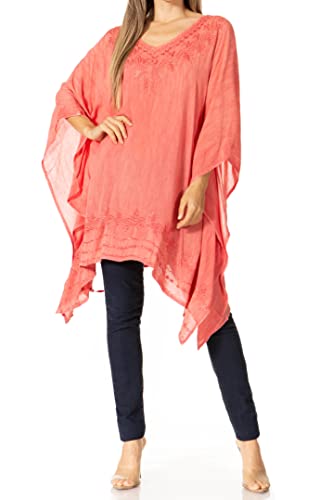 Sakkas 1801 - Regina Leichte Stonewashed Poncho Top Bluse Kaftan Cover Up für Damen - A-Lachs - OS von Sakkas