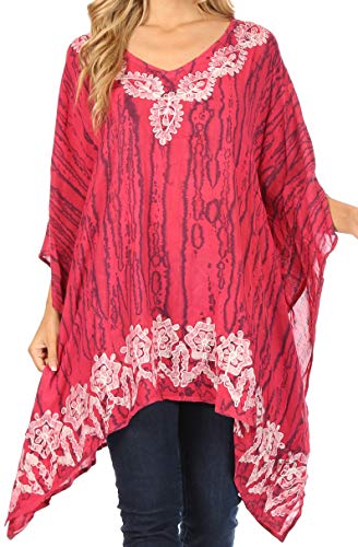 Sakkas 1802 - Alizia - Batikoberteil aus leichtem Batik-Top mit Stickerei und Kaftan - Poncho - Fuchsia-Navy - OS von Sakkas