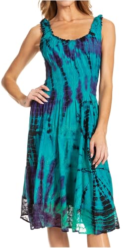 Sakkas 181476 - Alba Frauen Weg von der Schulter Smock Ruffle Midi Kleid Tie Dye & Stickerei - Grün - OS von Sakkas