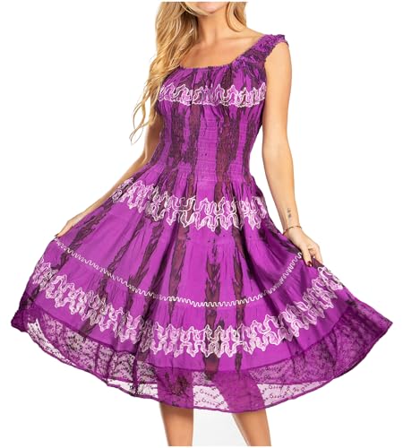 Sakkas 181476 - Alba Women's Off The Shoulder Smock Ruffle Midi Dress Tie Dye & Embroidery - 46-Purple - OS von Sakkas