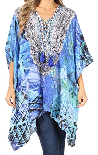 Sakkas 1825 - Aymee Damen Caftan Poncho Cover Up V-Ausschnitt Top Mit Strass schnüren - LVB235-Blue - OS von Sakkas