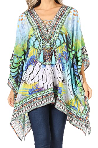 Sakkas 1825 - Aymee Damen Caftan Poncho Cover Up V-Ausschnitt Top Mit Strass schnüren - SM128-Multi - OS von Sakkas