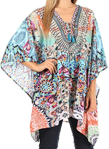 Sakkas 1825 - Aymee Damen Caftan Poncho Cover Up V-Ausschnitt Top Mit Strass schnüren - TLTU266-Turq - OS von Sakkas