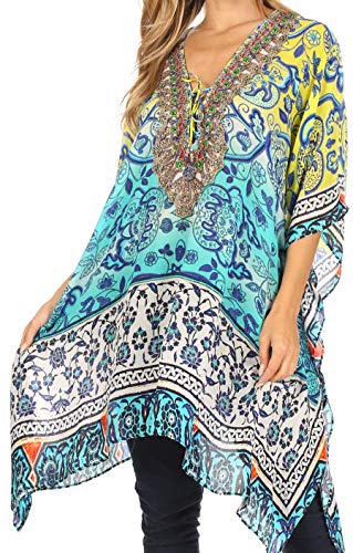 Sakkas 1825 - Aymee Damen Kaftan Poncho Cover Up Top mit V-Ausschnitt und Schnürung mit Strass - TT42-Turq - OS von Sakkas