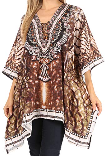 Sakkas 1825 - Aymee Frauen Kaftan Poncho Cover Up V-Ausschnitt Top Schnürung mit Strass - SBR123-Brown - OS von Sakkas