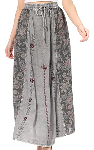 Sakkas 1827 - Maran Frauen Boho Stickerei Rock mit elastischer Taille und Taschen - Dark Grey - OSP von Sakkas