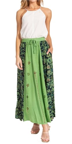 Sakkas 1827 - Maran Frauen Boho Stickerei Rock mit elastischer Taille und Taschen - Sage Green - OSP von Sakkas
