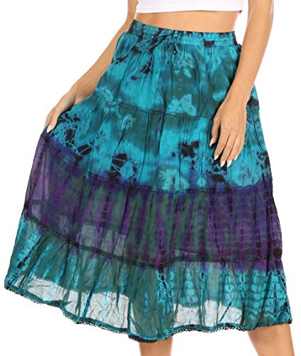 Sakkas 18452 - Antonia Frauen Rock Tie Dye Boho elastische Taille einstellbare Stickerei - Turq - OS von Sakkas