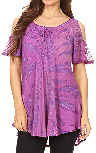 Sakkas 18723 - Filipa Damen Cold Shoulder Top Bluse Tie-Dye mit Korsett und Stickerei - Lila - OSP von Sakkas