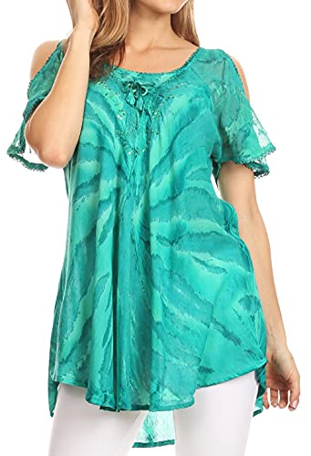 Sakkas 18723 - Filipa Damen Cold Shoulder Top Bluse Tie-Dye mit Korsett und Stickerei - Seagreen - OS Sakkas 18723 - Filipa Damen Cold Shoulder Top Bluse Tie-Dye mit Korsett und Stickerei - Seagreen - OS von Sakkas
