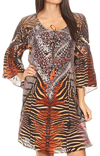 Sakkas 1910 - Maris Frauen Casual Shift 3/4 Ärmel Short Mini Dress A Line Print Seidig - ZBK287-Black - OS von Sakkas