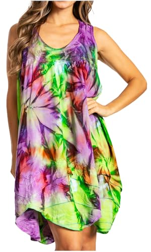 Sakkas 191476 - Artemi Women Casual Short Tie-Dye ärmelloses, Loses Trägerkleid überziehen - 191477-GreenPurple - OSP von Sakkas
