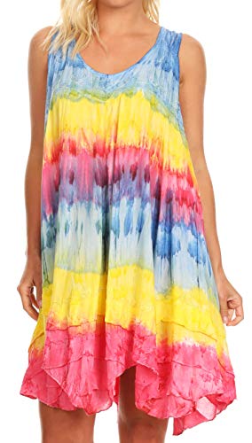 Sakkas 191476 - Artemi Women Casual Short Tie-Dye ärmelloses, Loses Trägerkleid überziehen - TurqYellow - OSP von Sakkas