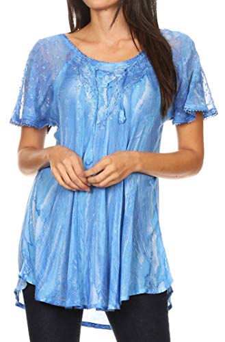 Sakkas 19213 - Aline Damen Kurzarm Casual Light Loose Scoop Neck Top Bluse Shirt - Sky Blue - OS von Sakkas