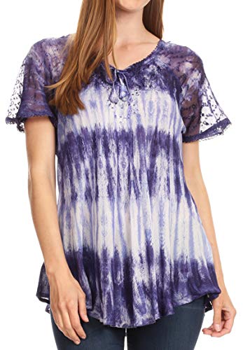 Sakkas 19215 - Donna Damen Lässige Spitze Kurzarm Tie Dye Corset Lose Bluse - 19214-Violet - OS von Sakkas