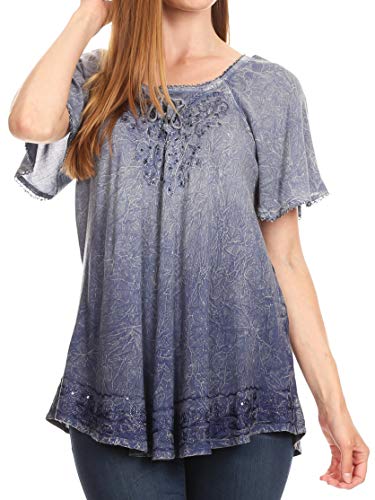 Sakkas 19215 - Donna Womens Casual Lace Kurzarm Krawatte Korsett Lose Bluse - 19200-Navy - OSP von Sakkas