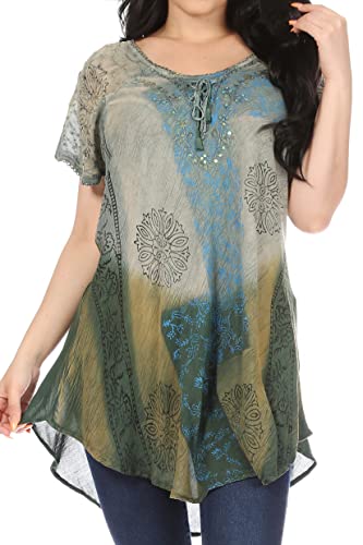 Sakkas 19218 - Marzia Frauen Loose Fit Kurzarm Lässige Batik Batik Bluse Top Tunika - 19208-Grey - OS von Sakkas