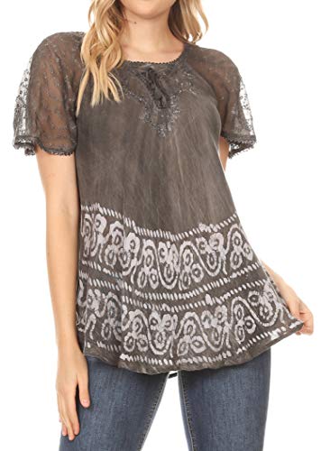 Sakkas 19218 - Marzia Frauen Loose Fit Kurzarm Lässige Batik Batik Bluse Top Tunika - Grau - Betriebssystem von Sakkas