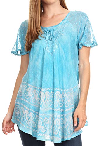 Sakkas 19218 - Marzia Frauen Loose Fit Kurzarm Lässige Batik Batik Bluse Top Tunika - Türkis - OS von Sakkas