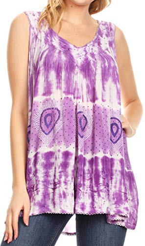 Sakkas 19223 - Milva Damen Casual Lose Ärmellos Tie Dye Bedrucktes Trägershirt Bluse Tunika - 19238-Purple - OS von Sakkas