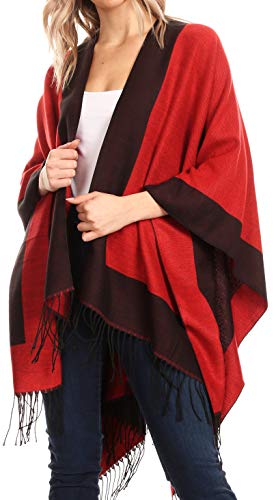 Sakkas 1927 - Avi Damen Reversible Poncho-Strickjacke mit offener Vorderseite Ruana Cape Shawl W/Fringe - Rand Red - OS von Sakkas