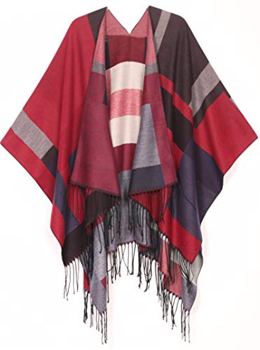 Sakkas 1927 - Avi Reversible Poncho-Strickjacke mit offener Vorderseite und Vorderseite Ruana Cape Shawl W/Fringe - Rot - OS von Sakkas