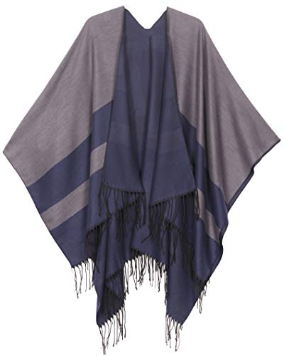 Sakkas 1927 - Avi Womens Poncho-Wolljacke mit offenem Vorderteil Ruana Cape Schal mit Fransen - ColorBlockGray - OS von Sakkas
