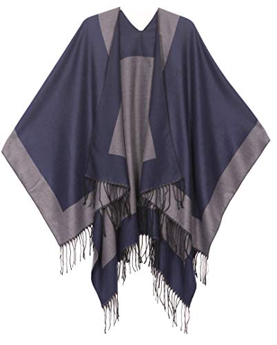 Sakkas 1927 - Avi Womens Poncho-Wolljacke mit offenem Vorderteil Ruana Cape Shawl W/Fringe - Rand Blau - OS von Sakkas
