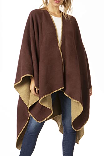 Sakkas 1930 - Mari Frauen Reversible Large Poncho Shawl Wrap Schal Cape Ruana Blanket - Brown - OS von Sakkas