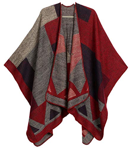 Sakkas 1930 - Mari Frauen Reversible Large Poncho Shawl Wrap Schal Cape Ruana Blanket - TetrisRedBlue - OS von Sakkas