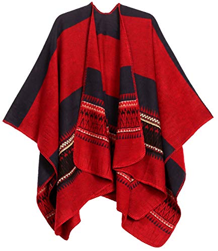 Sakkas 1930 - Mari Frauen Reversible Large Poncho Shawl Wrap Schal Cape Ruana Decke - Navy Red - OS von Sakkas