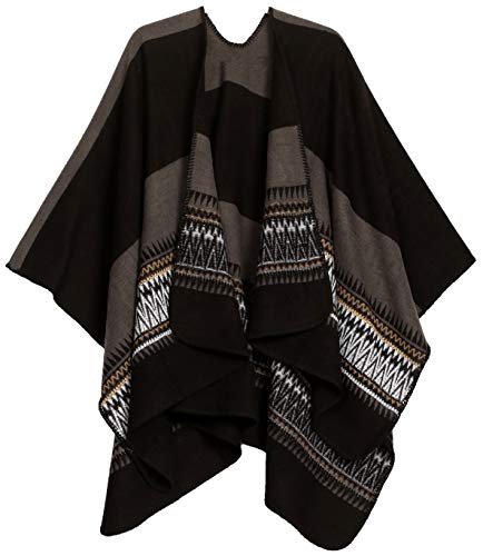 Sakkas 1930 - Mari Frauen Reversible Large Poncho Shawl Wrap Schal Cape Ruana Decke - Schwarz Grau - OS von Sakkas