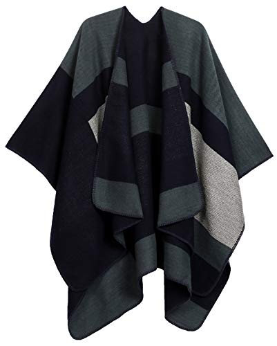 Sakkas 1930 - Mari Frauen Reversible Large Poncho Shawl Wrap Schal Cape Ruana Decke - StripeSteelBlue - OS von Sakkas