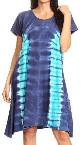 Sakkas 19448 - Sirena Damen Kurzarm Loose Plain Midi Lässiges ausgestelltes Kleid mit U-Ausschnitt - Navy/Mint - OS von Sakkas