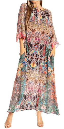 Sakkas 1945 - Damen Sommerkleid mit Henley-Ausschnitt, Ellenbogenärmeln, langem A-Linien-Ausschnitt und Taschen - D-392-A - L/XL von Sakkas