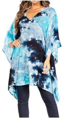 Sakkas 2028 - Adalwin Second Tiedye Desert Sun Circle Ponch Tunika Top Bluse mit Stickerei - 38-Navygreen - OS von Sakkas