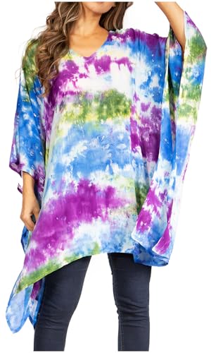 Sakkas 2028 - Adalwin Second Tiedye Desert Sun Circle Ponch Tunika Top Bluse mit Stickerei - 38-TürkisLila - OS von Sakkas
